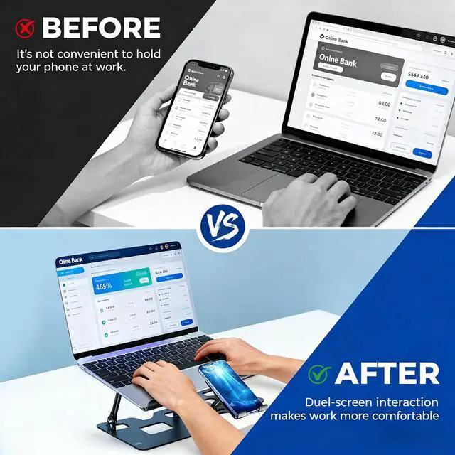 Alt view image 3 of 7 - Ergonomic Foldable 2-in-1 Laptop Stand with Phone Holder | Carbon Steel Frame, Matte Black Finish, Silicone Pads, Hollow Cooling Design, Height Adjustable, Fits Most Laptops and Phones