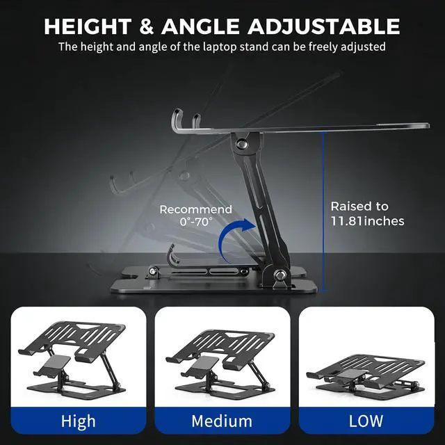 Alt view image 4 of 7 - Ergonomic Foldable 2-in-1 Laptop Stand with Phone Holder | Carbon Steel Frame, Matte Black Finish, Silicone Pads, Hollow Cooling Design, Height Adjustable, Fits Most Laptops and Phones