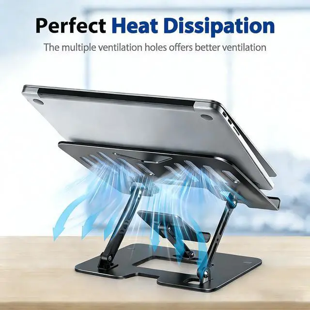 Alt view image 5 of 7 - Ergonomic Foldable 2-in-1 Laptop Stand with Phone Holder | Carbon Steel Frame, Matte Black Finish, Silicone Pads, Hollow Cooling Design, Height Adjustable, Fits Most Laptops and Phones