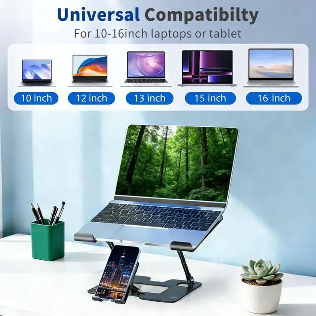 Alt view image 6 of 7 - Ergonomic Foldable 2-in-1 Laptop Stand with Phone Holder | Carbon Steel Frame, Matte Black Finish, Silicone Pads, Hollow Cooling Design, Height Adjustable, Fits Most Laptops and Phones