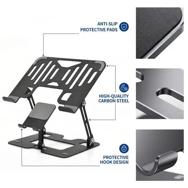 Alt view image 7 of 7 - Ergonomic Foldable 2-in-1 Laptop Stand with Phone Holder | Carbon Steel Frame, Matte Black Finish, Silicone Pads, Hollow Cooling Design, Height Adjustable, Fits Most Laptops and Phones