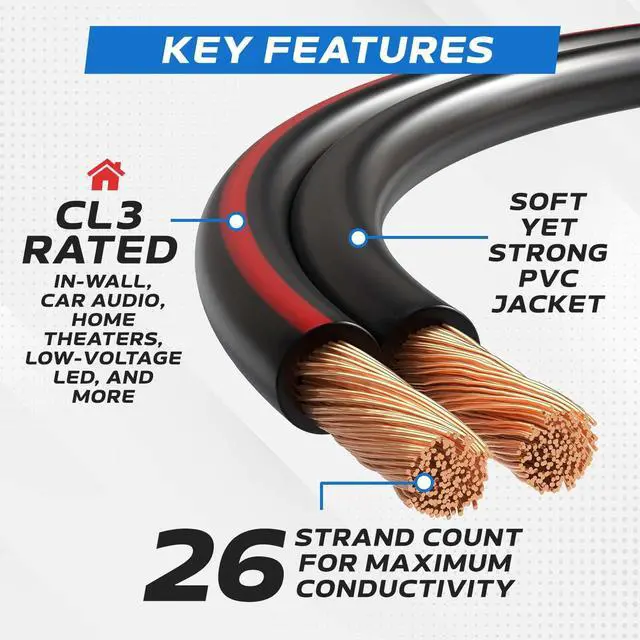 Alt view image 2 of 6 - Speaker Cable 100FT 16AWG 2 Conductors (16/2) CL3 Rated CCA (Copper Clad Aluminum) Black Jacket Compatible with Low Voltage LED Wire, Car Audio, Home Theater