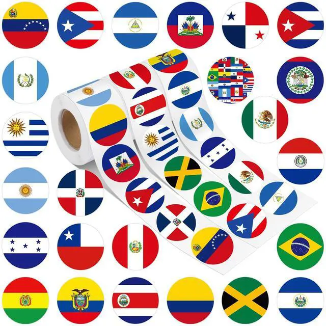 Main image of Hispanic Heritage Month Stickers 1000 Pcs in 3 Rolls with 24 Circular Flag Patterns Self Adhesive Decal for Spanish Speaking Festival Party Bottle Laptop Computer Sticker Award Adults
