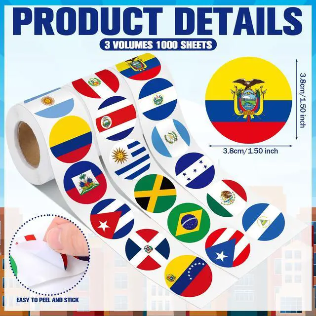 Alt view image 3 of 6 - Hispanic Heritage Month Stickers 1000 Pcs in 3 Rolls with 24 Circular Flag Patterns Self Adhesive Decal for Spanish Speaking Festival Party Bottle Laptop Computer Sticker Award Adults