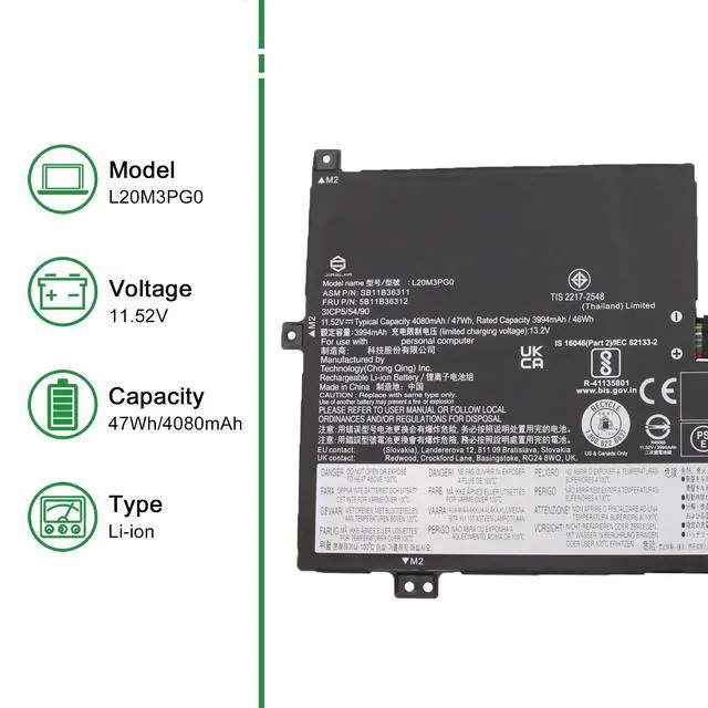 Alt view image 2 of 5 - L20M3PG0 SB11B36311 5B11B36312 Laptop Battery Replacement for Lenovo IdeaPad Flex 3 Chrome 15IJL7 300e Chromebook 3rd Gen Series L20M3PG3 SB11B90371 L20D3PG0 L20C3PG0 L20L3PG0 11.52V 47Wh