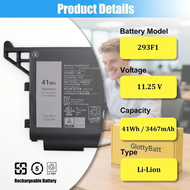Alt view image 2 of 7 - 293F1 Battery Replacement for Dell Latitude 5330 7330 7430 7530 | Latitude 5330 2-in-1, 7330 2-in-1, 7430 2-in-1 P133G P134G P135G P136G P110F P138G P139G Series, Battery 01VX5 404T8, 41Wh