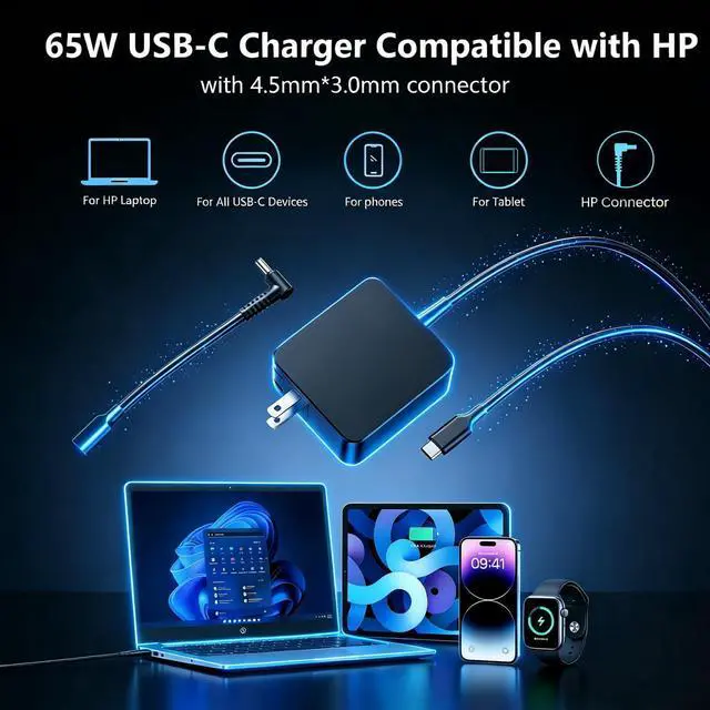 Alt view image 2 of 7 - 65W Laptop Charger Replacement for HP, USB-C & 4.5mm Blue Tip | Fast Charging for EliteBook, ProBook, OmniBook, Stream, Spectre, Pavilion, Envy, Chromebook Power Supply with 6FT Cord