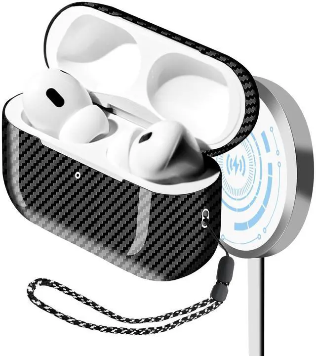 Main image of Real Carbon Fiber Case for Airpods Pro 2nd Generation with Lanyard,AntiScratch Slim Protective Hard Cover for Airpods Pro 2 Compatible with Magsafe Wireless Charging-Twill Glossy Black