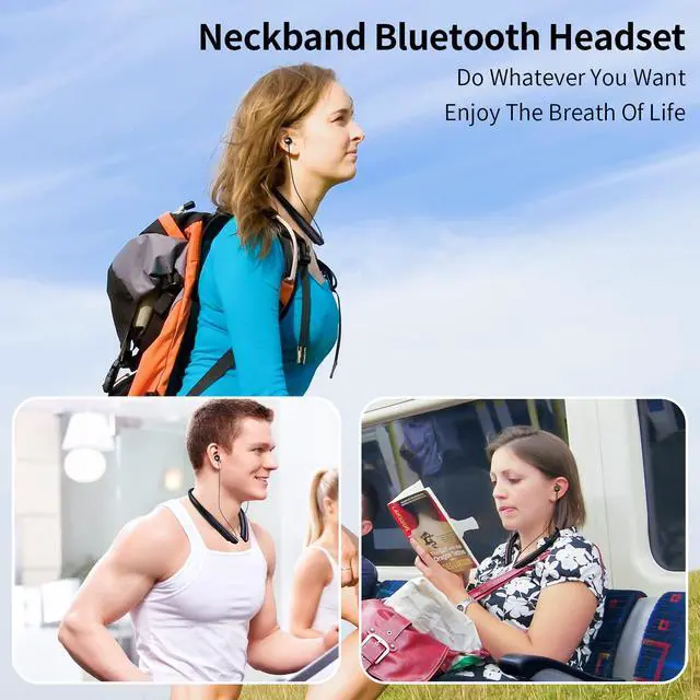Alt view image 6 of 7 - Retractable Bluetooth Headphones Neckband, Headset Wireless Earbuds with Mic, Stereo Noise Cancelling Earphones for Sports Running Driving, IPX5 Sweatproof, Vibration Call (Black Pink)
