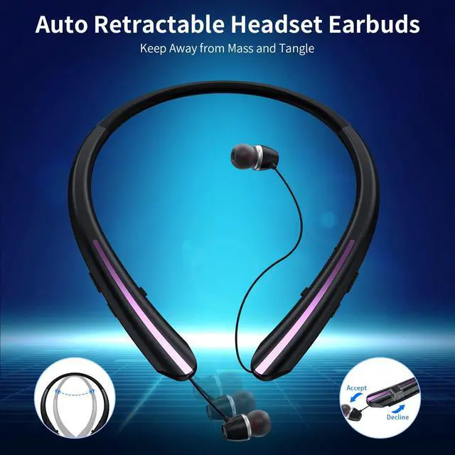Alt view image 2 of 7 - Retractable Bluetooth Headphones Neckband, Headset Wireless Earbuds with Mic, Stereo Noise Cancelling Earphones for Sports Running Driving, IPX5 Sweatproof, Vibration Call (Black Pink)