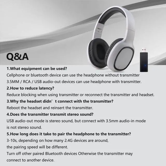 Alt view image 6 of 6 - Wireless Headphones with USB dongle Transmitter for TV & PC(White) | Connect to TV/PC via USB/3.5mm transmitter, or directly to phone. Support headphone jack/RCA port, Lightweight foldable