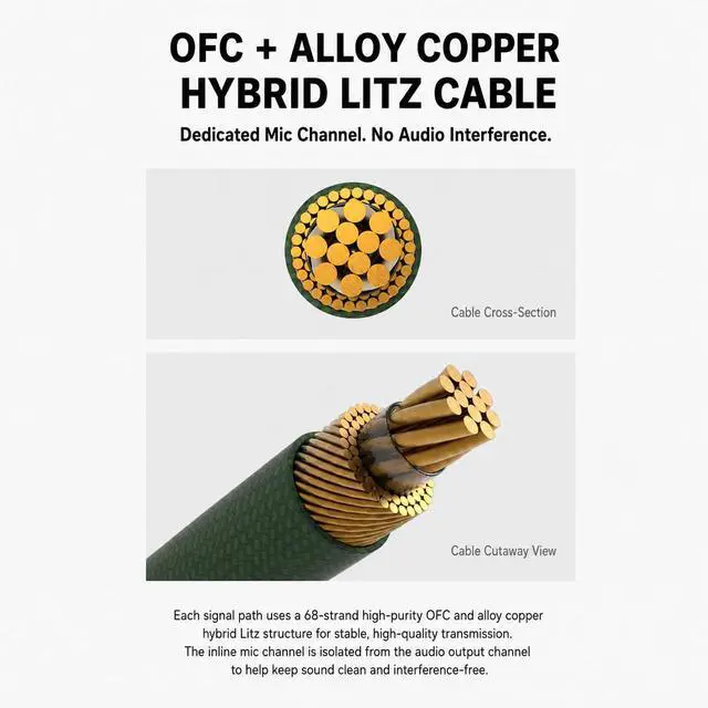 Alt view image 4 of 7 - Tipsy TC-20 Gaming IEM Upgrade Cable with Mic, 0.78mm 2-Pin Cable, 1.5m Cotton-Wrapped Silver-Plated & OFC Hybrid Cable, in-Line Controls for Gaming, Calls & Music(Recessed)