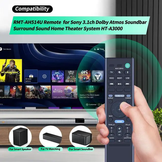 Alt view image 2 of 7 - RMT-AH514U Remote Control Replacement for Sony HT-A3000 3.1ch Dolby Atmos Soundbar Surround Sound Home Theater System