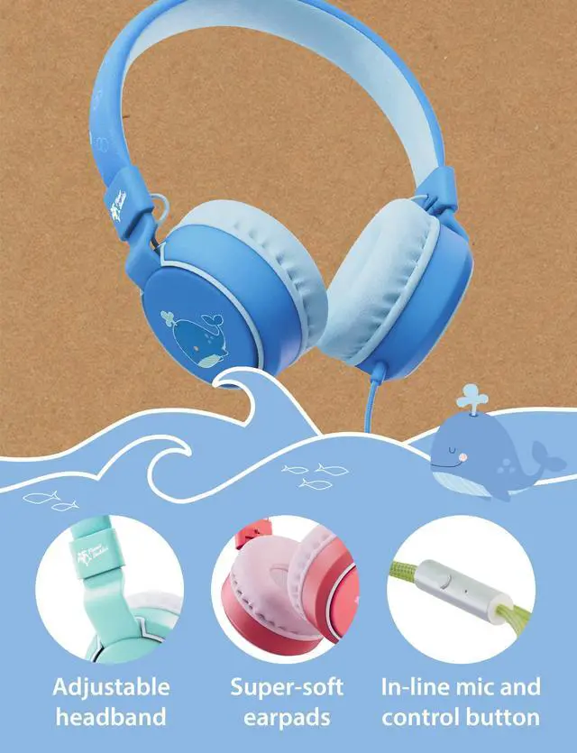 Alt view image 4 of 6 - Kids Headphones with Cord, Whale Design, 85dB Volume Limited | Wired Headphones for Toddler Boys & Girls Ages 3+, Foldable On-Ear, Stereo Sound with Mic, 3.5mm Jack, School & Travel