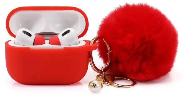 Main image of Protective Case Cover for Airpods Pro Charging Case with Ear Tips 1 Pair Kit, Air Pods Silicone Case with Soft Cute Ball Pom Pom Keychain Kit Together with Ear Buds Tips 2&1 (X, Red)