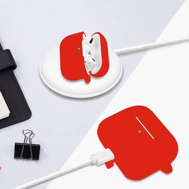 Alt view image 6 of 6 - Protective Case Cover for Airpods Pro Charging Case with Ear Tips 1 Pair Kit, Air Pods Silicone Case with Soft Cute Ball Pom Pom Keychain Kit Together with Ear Buds Tips 2&1 (X, Red)