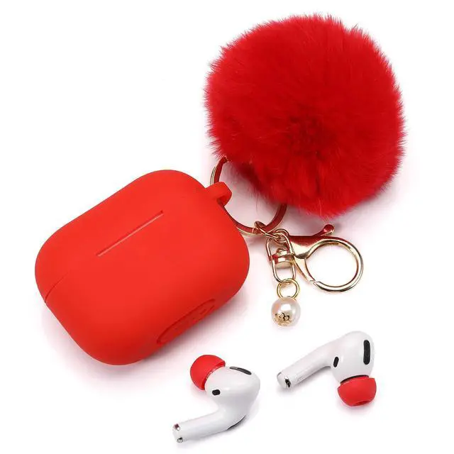 Alt view image 3 of 6 - Protective Case Cover for Airpods Pro Charging Case with Ear Tips 1 Pair Kit, Air Pods Silicone Case with Soft Cute Ball Pom Pom Keychain Kit Together with Ear Buds Tips 2&1 (X, Red)