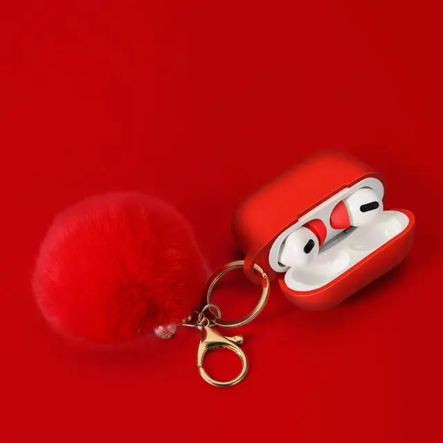 Alt view image 2 of 6 - Protective Case Cover for Airpods Pro Charging Case with Ear Tips 1 Pair Kit, Air Pods Silicone Case with Soft Cute Ball Pom Pom Keychain Kit Together with Ear Buds Tips 2&1 (X, Red)