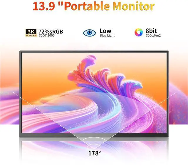 Alt view image 2 of 7 - Portable Monitor 13.9" 3K QHD 3072x1920 350 Nits 72% sRGB USB-C HDMI Travel Monitor for Laptop PC PS4, Screen Extender with Kickstand, VESA Mountable