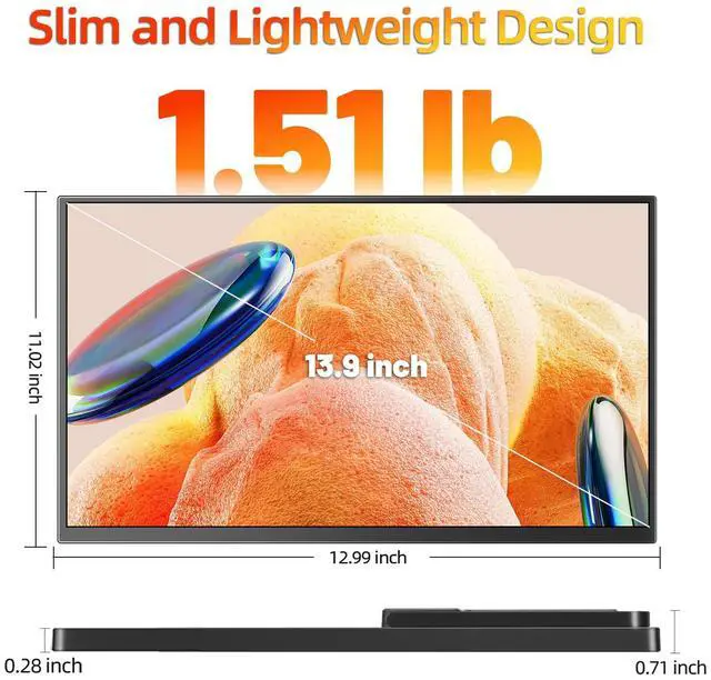 Alt view image 7 of 7 - Portable Monitor 13.9" 3K QHD 3072x1920 350 Nits 72% sRGB USB-C HDMI Travel Monitor for Laptop PC PS4, Screen Extender with Kickstand, VESA Mountable