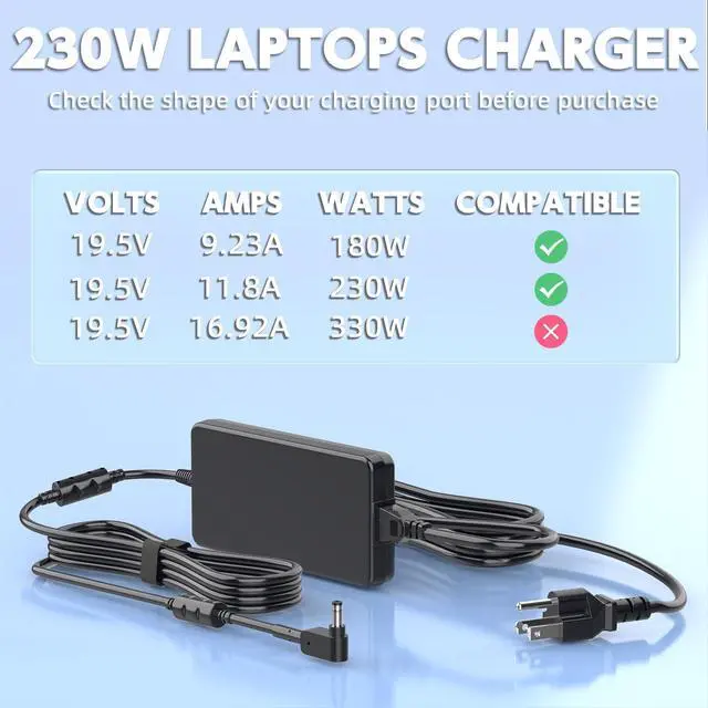 Alt view image 3 of 6 - 230W 180W AC Charger Compatible with Acer Predator Helios 300 PH315-54 PH315-53 PH317-55 PH317-52 G3-573 Triton 300 500 Series PT515-52 PT516 PT316 Nitro 5 7 Gaming Laptop Power Adapter