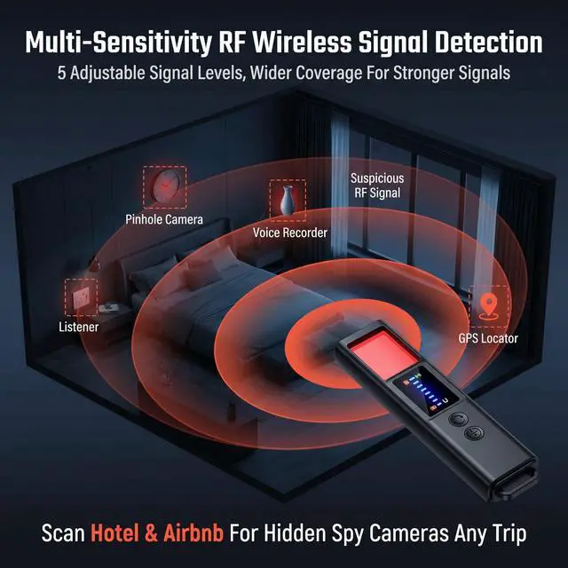 Alt view image 2 of 6 - Hidden Camera Detector, Portable RF Signal & Magnetic GPS Tracker Finder, Anti Spy Bug Detector for Hotel Travel Privacy Protection