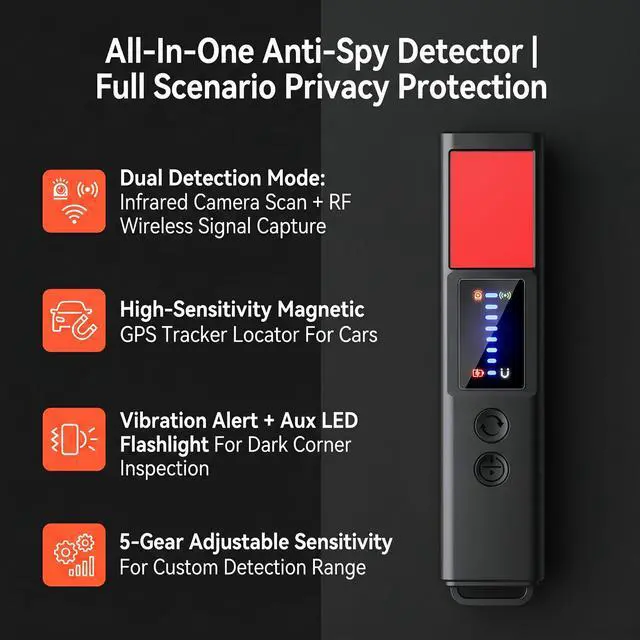 Alt view image 5 of 6 - Hidden Camera Detector, Portable RF Signal & Magnetic GPS Tracker Finder, Anti Spy Bug Detector for Hotel Travel Privacy Protection