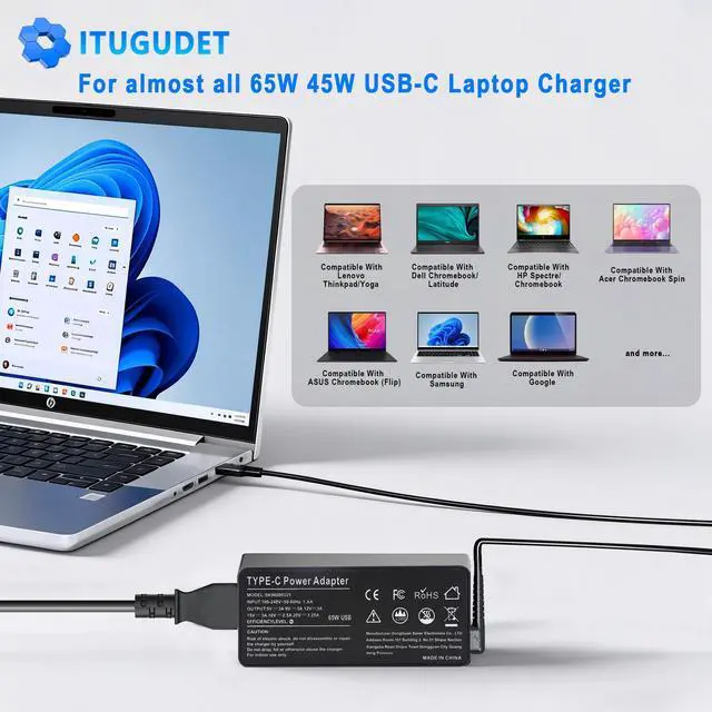 Alt view image 2 of 7 - 65W 45W USB C Laptop Charger for HP Envy Spectre EliteBook x360 Pavilion Chorome Book x360 Omnibook Elite x2 Travel Type C Power Cord Ac Adapter