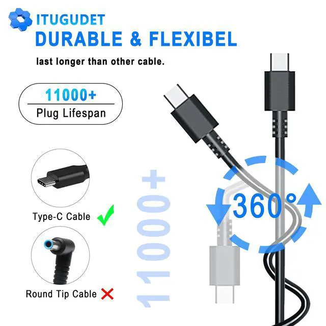 Alt view image 4 of 7 - 65W 45W USB C Laptop Charger for HP Envy Spectre EliteBook x360 Pavilion Chorome Book x360 Omnibook Elite x2 Travel Type C Power Cord Ac Adapter