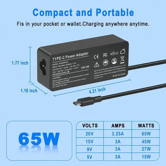 Alt view image 5 of 7 - 65W 45W USB C Laptop Charger for HP Envy Spectre EliteBook x360 Pavilion Chorome Book x360 Omnibook Elite x2 Travel Type C Power Cord Ac Adapter