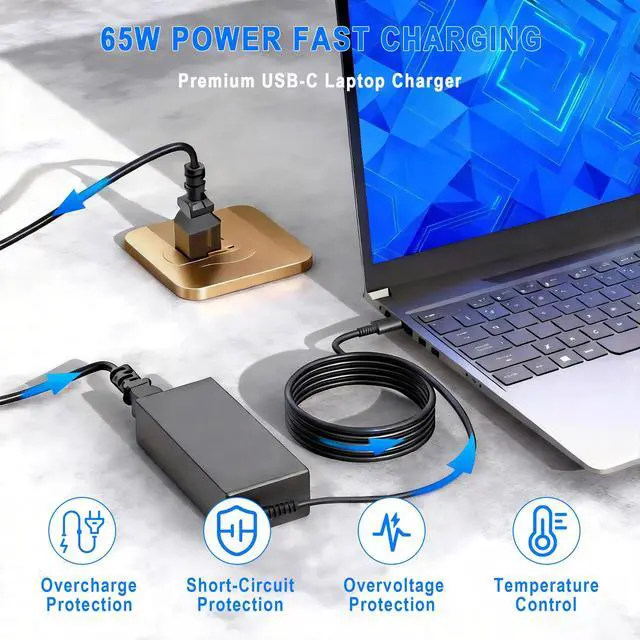 Alt view image 3 of 7 - 65W 45W USB C Laptop Charger for HP Envy Spectre EliteBook x360 Pavilion Chorome Book x360 Omnibook Elite x2 Travel Type C Power Cord Ac Adapter