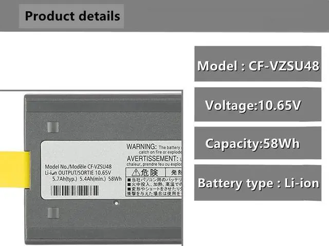 Alt view image 6 of 7 - CF-VZSU48U 10.65V 58Wh New Laptop Battery for Panasonic Toughbook CF19 CF-19 MK1 MK2 MK3 MK4 MK5 MK6 MK7 MK8 Series CF-VZSU28 CF-VZSU48 CF-VZSU48R CF-VZSU50 CF-VZSU58U