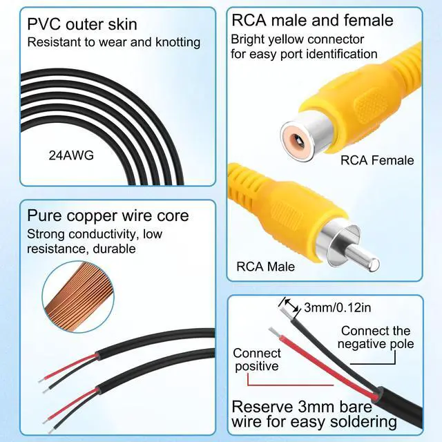 Alt view image 3 of 5 - 8 Pack Replacement RCA Male Female to Bare Wire Cable | RCA Plug Jack Connector Adapter to Open End Stripped Wire Pigtail Short Audio Video Cord for Repair Yellow 6 Inch
