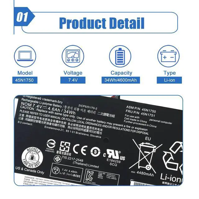 Alt view image 2 of 6 - 45N1750 Laptop Battery, 7.4V 34Wh 4600mAh 4-Cell Compatible with Lenovo ThinkPad Yoga 11E/ Yoga 11E Chromebook Series Notebook 45N1748 45N1749 45N1751