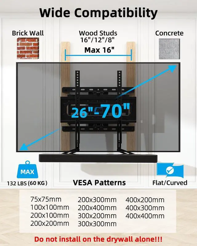 Alt view image 3 of 6 - Full Motion TV Mount Soundbar Bundle for 26-70" TVs, 132 lbs | ±60° Swivel & Tilt, 6 Articulating Arms, Soundbar Moves with TV, Fits 8"/12"/16" Studs, Max VESA 400x400