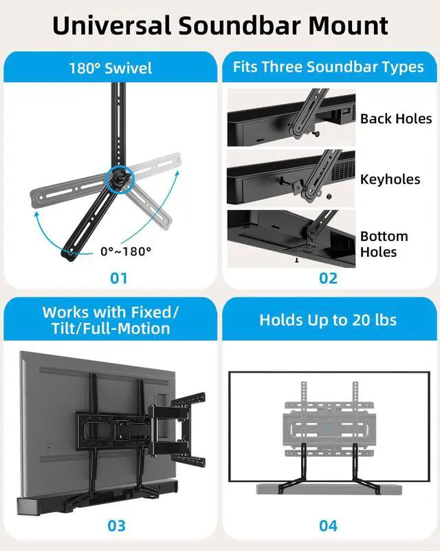 Alt view image 4 of 6 - Full Motion TV Mount Soundbar Bundle for 26-70" TVs, 132 lbs | ±60° Swivel & Tilt, 6 Articulating Arms, Soundbar Moves with TV, Fits 8"/12"/16" Studs, Max VESA 400x400