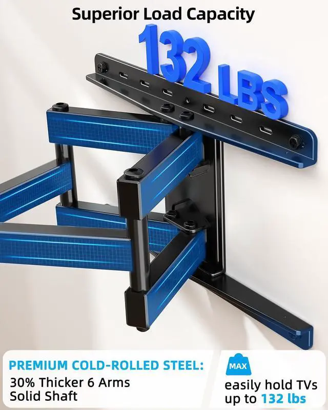 Alt view image 6 of 6 - Full Motion TV Mount Soundbar Bundle for 26-70" TVs, 132 lbs | ±60° Swivel & Tilt, 6 Articulating Arms, Soundbar Moves with TV, Fits 8"/12"/16" Studs, Max VESA 400x400