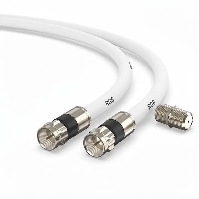 Main image of RG6 Coaxial Cable with F Connector and Extension Coupler, Weather-Sealed Double Rubber O-Ring, High-Speed Internet, Broadband and Digital TV Antenna, Satellite Cable Extension (White, 40 FT)