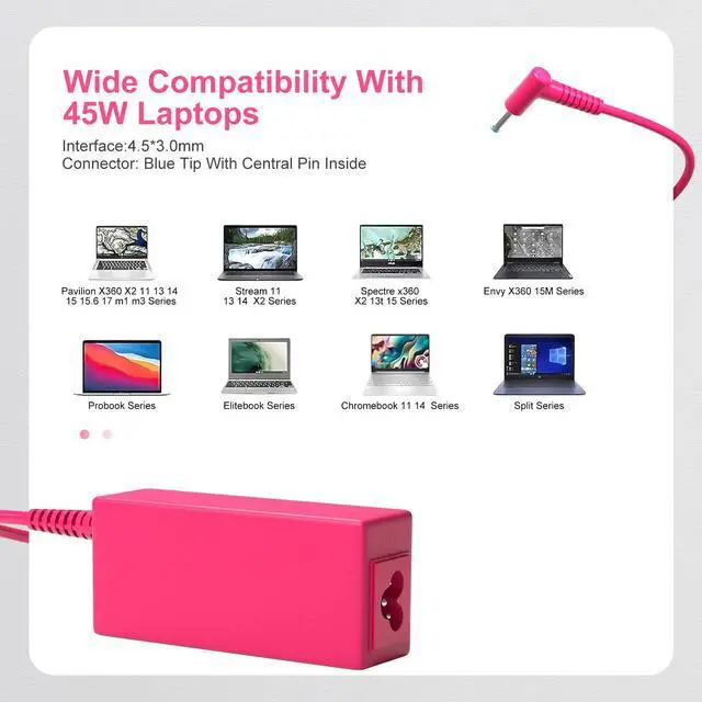 Alt view image 6 of 7 - 45W Pink Laptop Charger for HP Computer Smart Blue Tip Power Cord | Pavilion X360,Stream 11 14,Spectre 741727-001,213349 001 009 109 209,L25296 001 002 003 004,19.5V 2.31A
