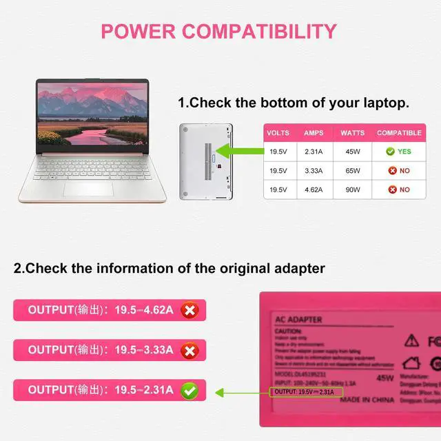 Alt view image 5 of 7 - 45W Pink Laptop Charger for HP Computer Smart Blue Tip Power Cord | Pavilion X360,Stream 11 14,Spectre 741727-001,213349 001 009 109 209,L25296 001 002 003 004,19.5V 2.31A