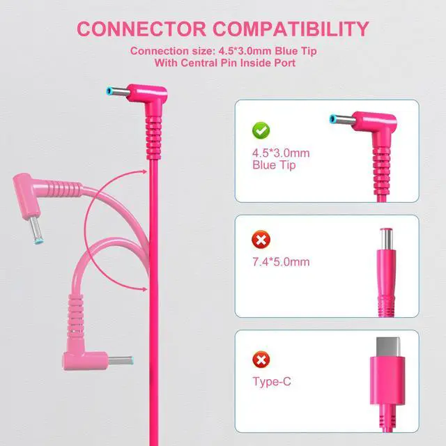 Alt view image 3 of 7 - 45W Pink Laptop Charger for HP Computer Smart Blue Tip Power Cord | Pavilion X360,Stream 11 14,Spectre 741727-001,213349 001 009 109 209,L25296 001 002 003 004,19.5V 2.31A