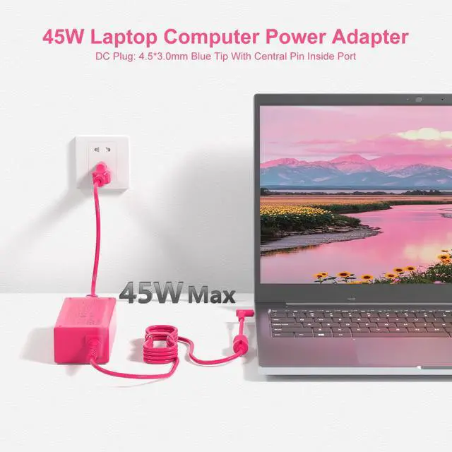 Alt view image 4 of 7 - 45W Pink Laptop Charger for HP Computer Smart Blue Tip Power Cord | Pavilion X360,Stream 11 14,Spectre 741727-001,213349 001 009 109 209,L25296 001 002 003 004,19.5V 2.31A