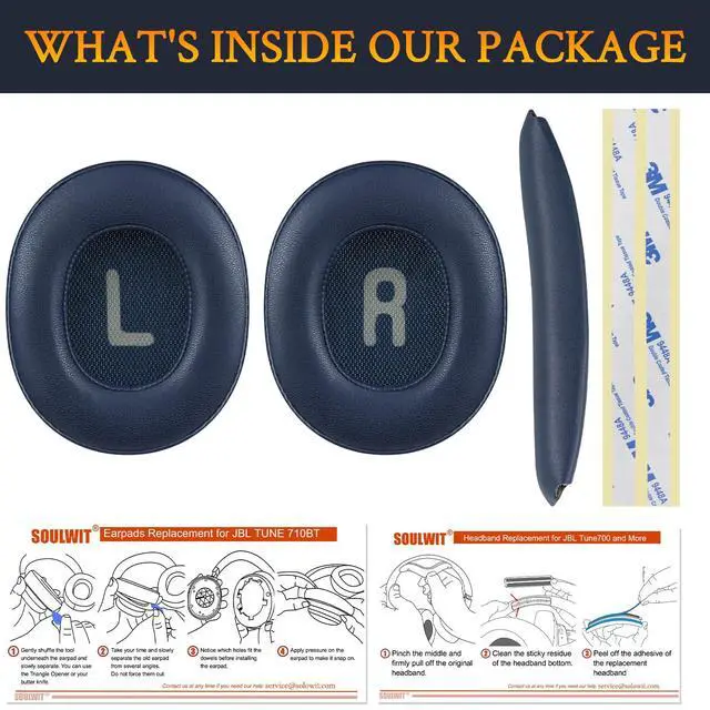 Alt view image 4 of 7 - Replacement Kit for JBL Tune 700BT/710BT/720BT/750BTNC/760NC/770NC Headphones, Protein Leather Ear Pads + Headband - Navy Blue