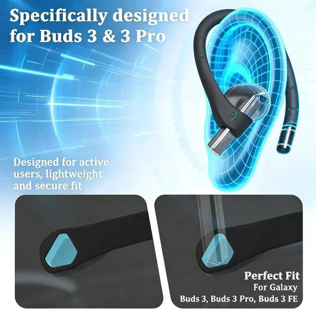 Alt view image 4 of 6 - Titanium Alloy Ear Hooks for Samsung Galaxy Buds 3 Pro & Buds 3 | Silicone Sports Ear Hooks with Anti-Lost Lanyard & 3in1 Cleaning Kit, Secure Fit for Running, Gym, Cycling & Workout, Black