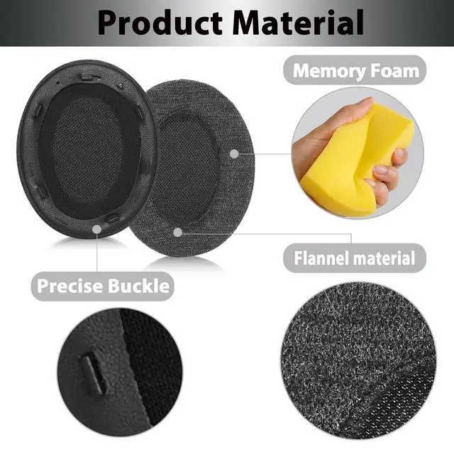 Alt view image 4 of 7 - Velour Replacement Ear Pads for Sony WH-XB910N - Black | Soft High-Density Memory Foam Earpads Cushions with Buckle, Velour Fabric for Long-Term Comfort