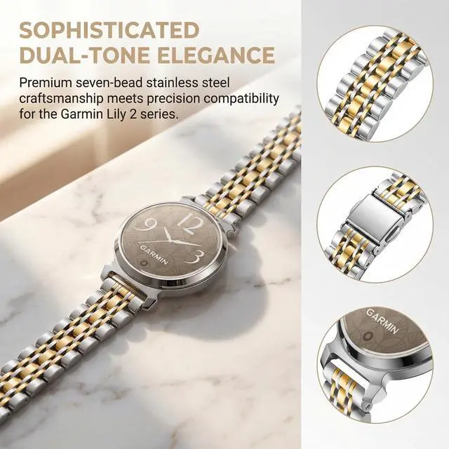 Alt view image 3 of 7 - 14MM Metal Band Compatible with Garmin Lily 2 / Lily 2 Active/Lily 2 Classic Watch, Stainless Steel Replacement Strap with Seven-Bead Design, Dual-Tone Adjustable Folding Clasp Wristband for Women