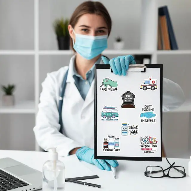 Alt view image 5 of 6 - Funny Nurse Stickers 80 Pcs Medical Staff Accessories Decals for Notebook Water Bottle Luggage 2'' Appreciation Gifts Stickers for ICU ER EMT Surgical Tech Nursing Doctor Student Assistant