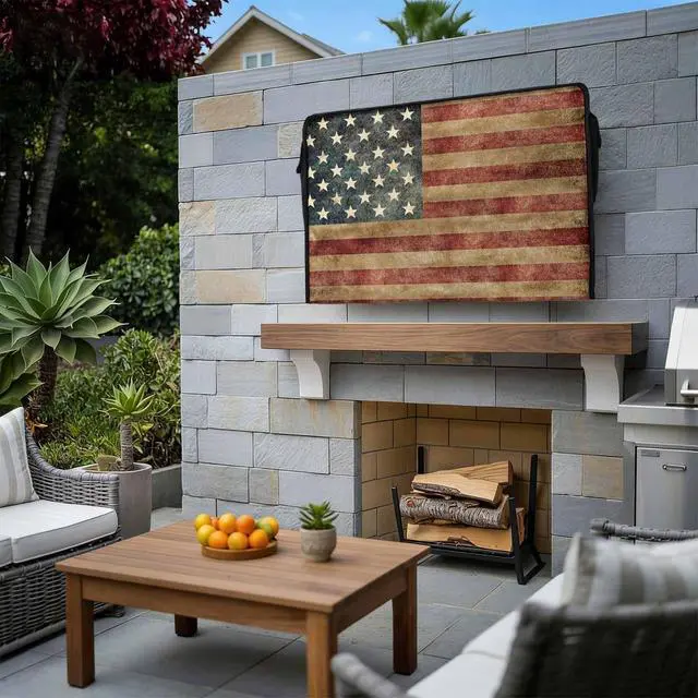 Alt view image 3 of 7 - HMQirky Retro American Flag Weatherproof & Waterproof Outdoor TV Cover - 70 to 75 inch, Vintage Red Striped Enclosure with Remote Pocket for LED, LCD TVs