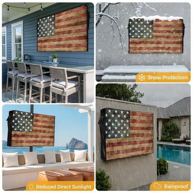 Alt view image 7 of 7 - HMQirky Retro American Flag Weatherproof & Waterproof Outdoor TV Cover - 70 to 75 inch, Vintage Red Striped Enclosure with Remote Pocket for LED, LCD TVs