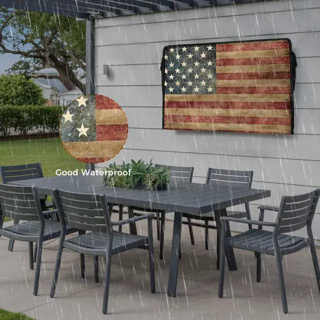 Alt view image 6 of 7 - HMQirky Retro American Flag Weatherproof & Waterproof Outdoor TV Cover - 70 to 75 inch, Vintage Red Striped Enclosure with Remote Pocket for LED, LCD TVs